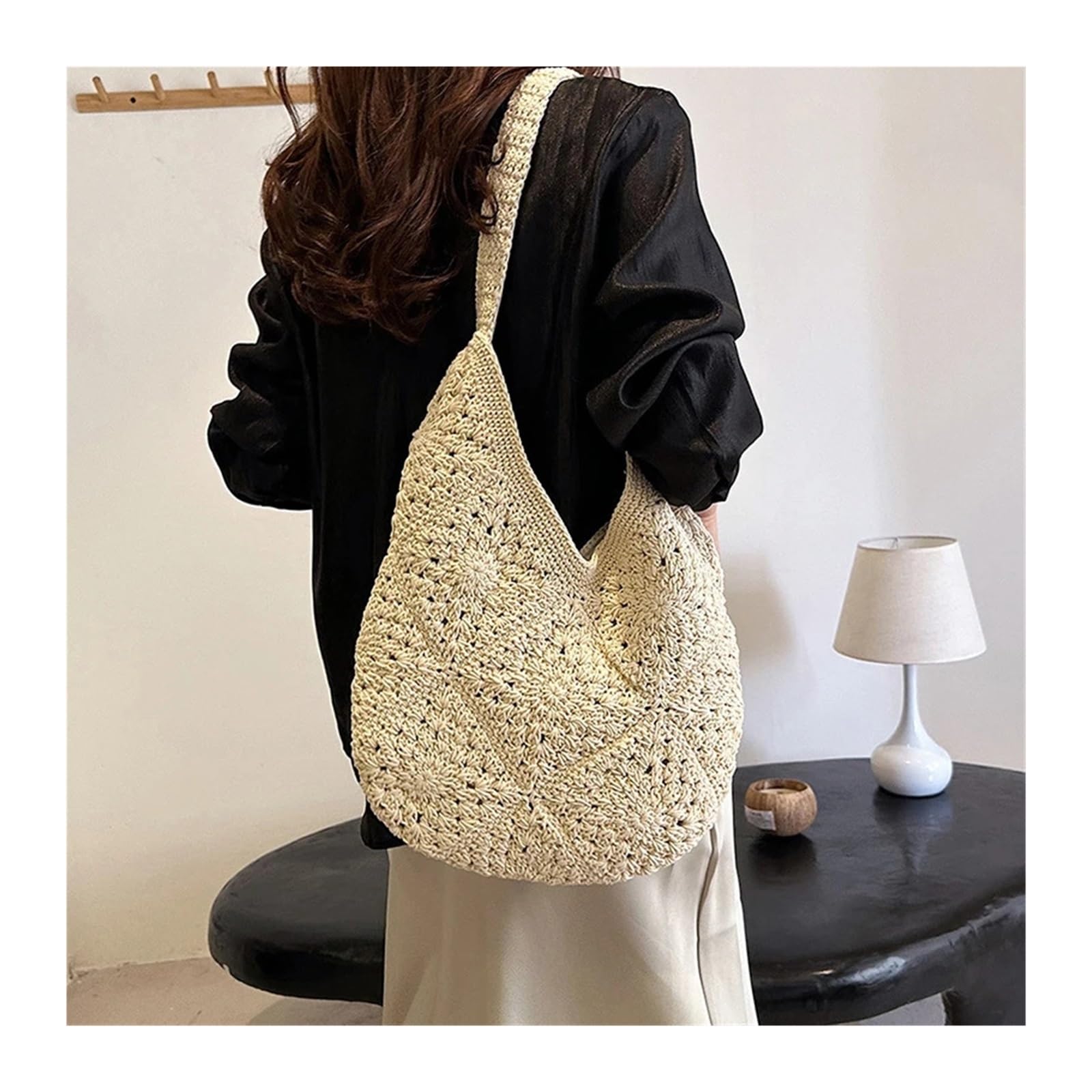 Sac cabas en paille de grande capacité avec bandoulière réglable kaki