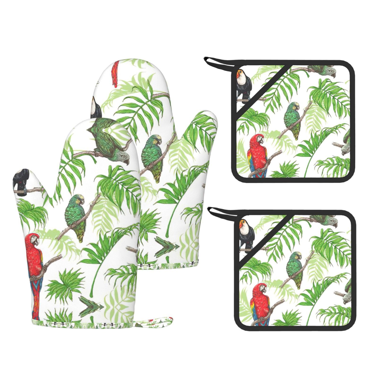 Parrot Birds and Tropical Tree Fashion Printed Kitchen Kit with Heat Resistant Oven Mitts & Non-Slip Hot Pads for Baking