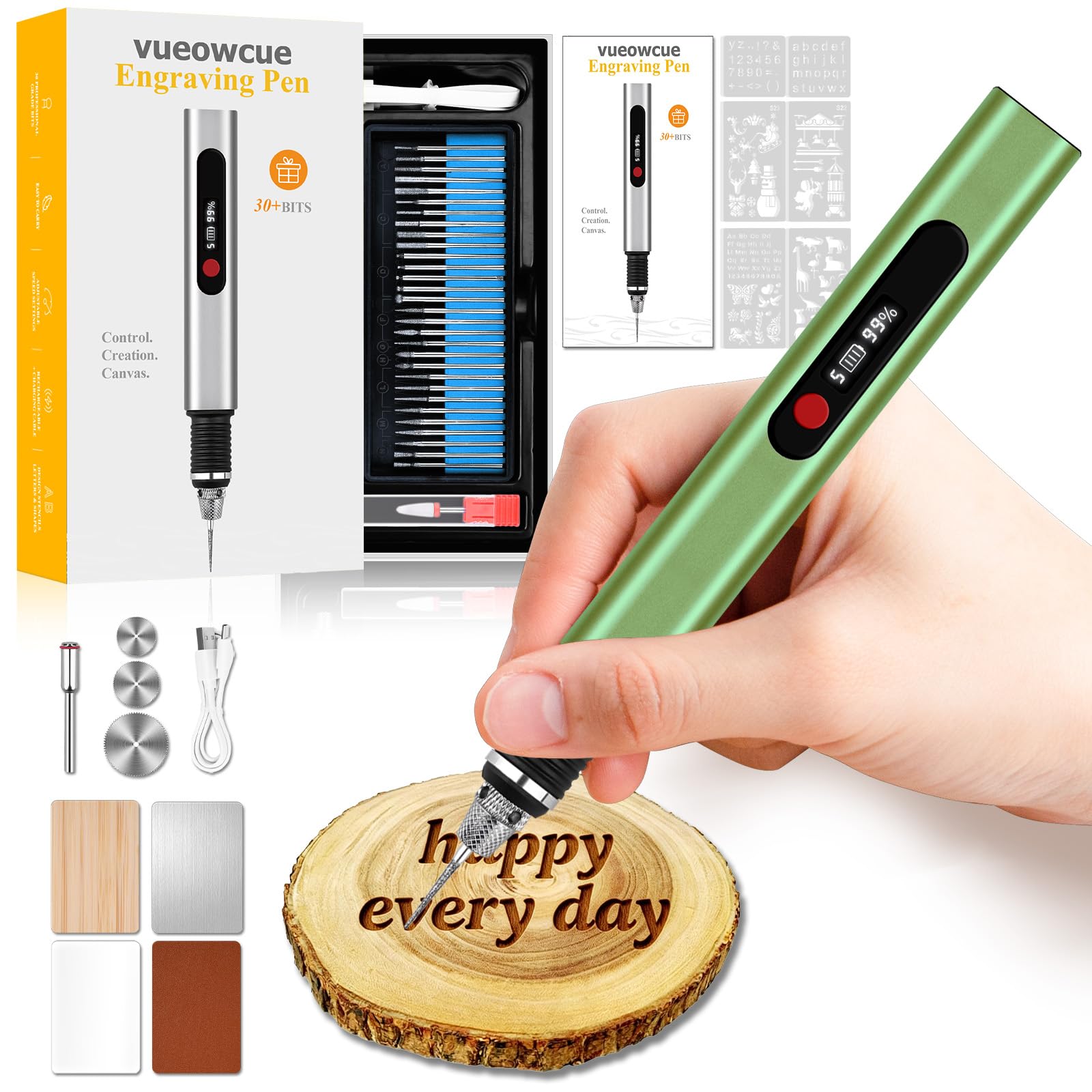 Updated Engraving Pen, 5-Speed Adjustable Cordless Portable Engraver Pen Tool for Artists & DIYers, Beginner Friendly, Rechargeable, Engrave 60+ Surfaces, Free 33 Bits & Mastery Guide (Green)