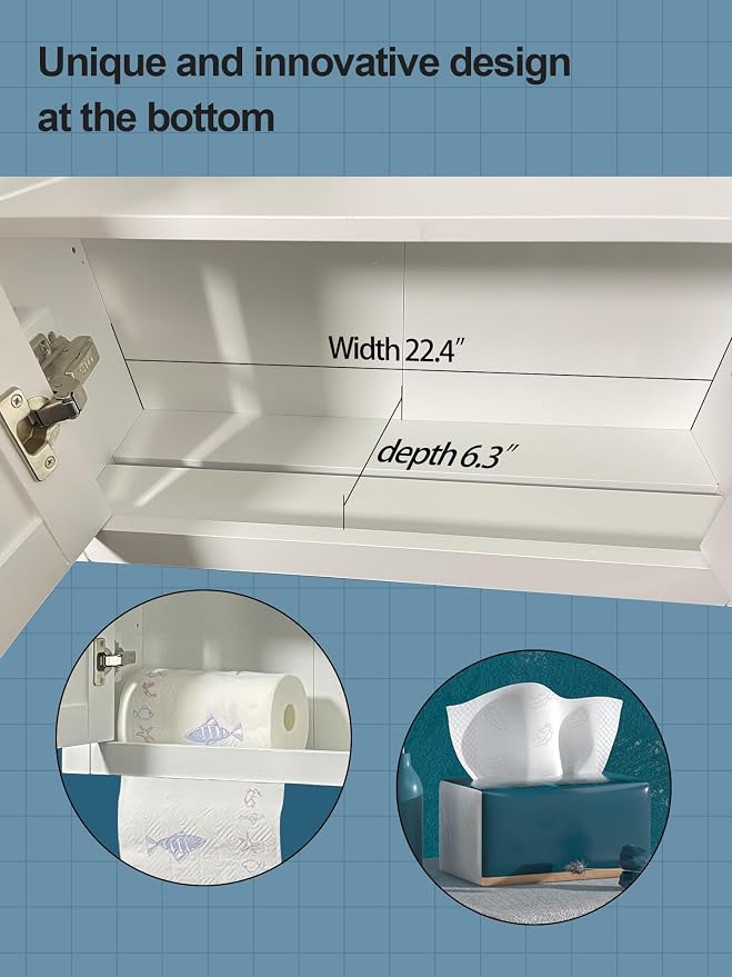 Armario para baño sobre el inodoro, con dispensador inferior de papel higiénico, armario de pared de 22" x 28", con estantes ajustables y puertas de cierre suave, en blanco con tiradores dorados miniatura 5
