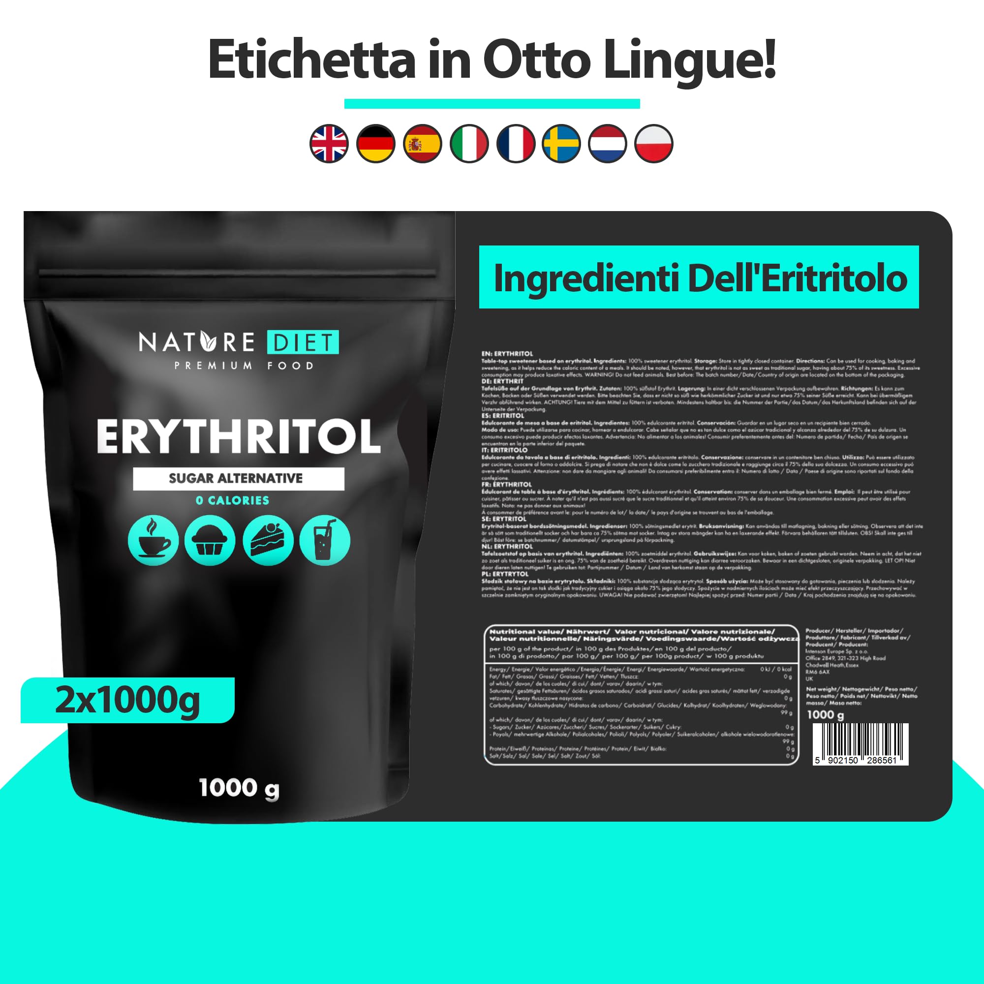 Nature Diet - Eritritolo 2 x 1000 g | Dolcificante Naturale | Zero calorie | Sostituzione dello zucchero