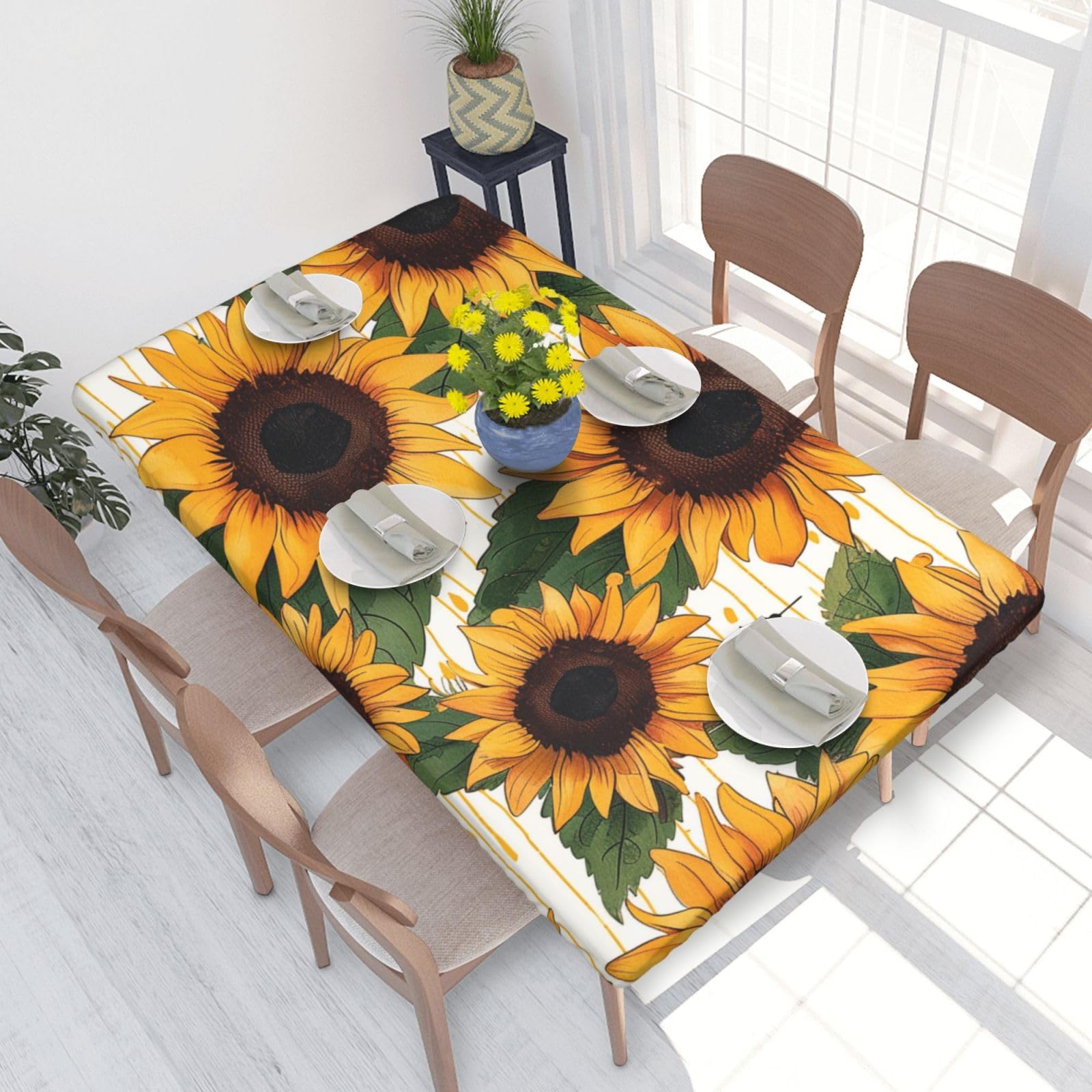 DCARSETCV Sunflower Pattern Printed 4FT Waterproof Tablecloth with Elastic Edged Protect & Decor Your Table, Oil-proof Washable Table Cloth Cover for Dinner Picnic Party