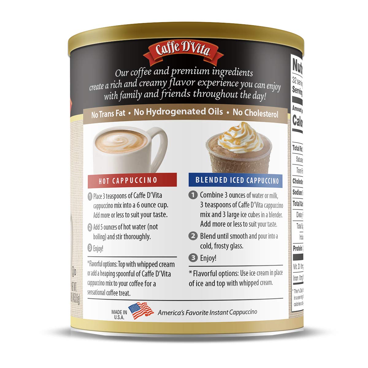 Caffe D'Vita White Chocolate Raspberry Cappuccino Mix - Instant Cappuccino Mix, Gluten Free, No Cholesterol, No Hydrogenated Oils, No Trans Fat, 99% Caffeine Free, White Chocolate Powder - 16 Oz Can, 6-Pack