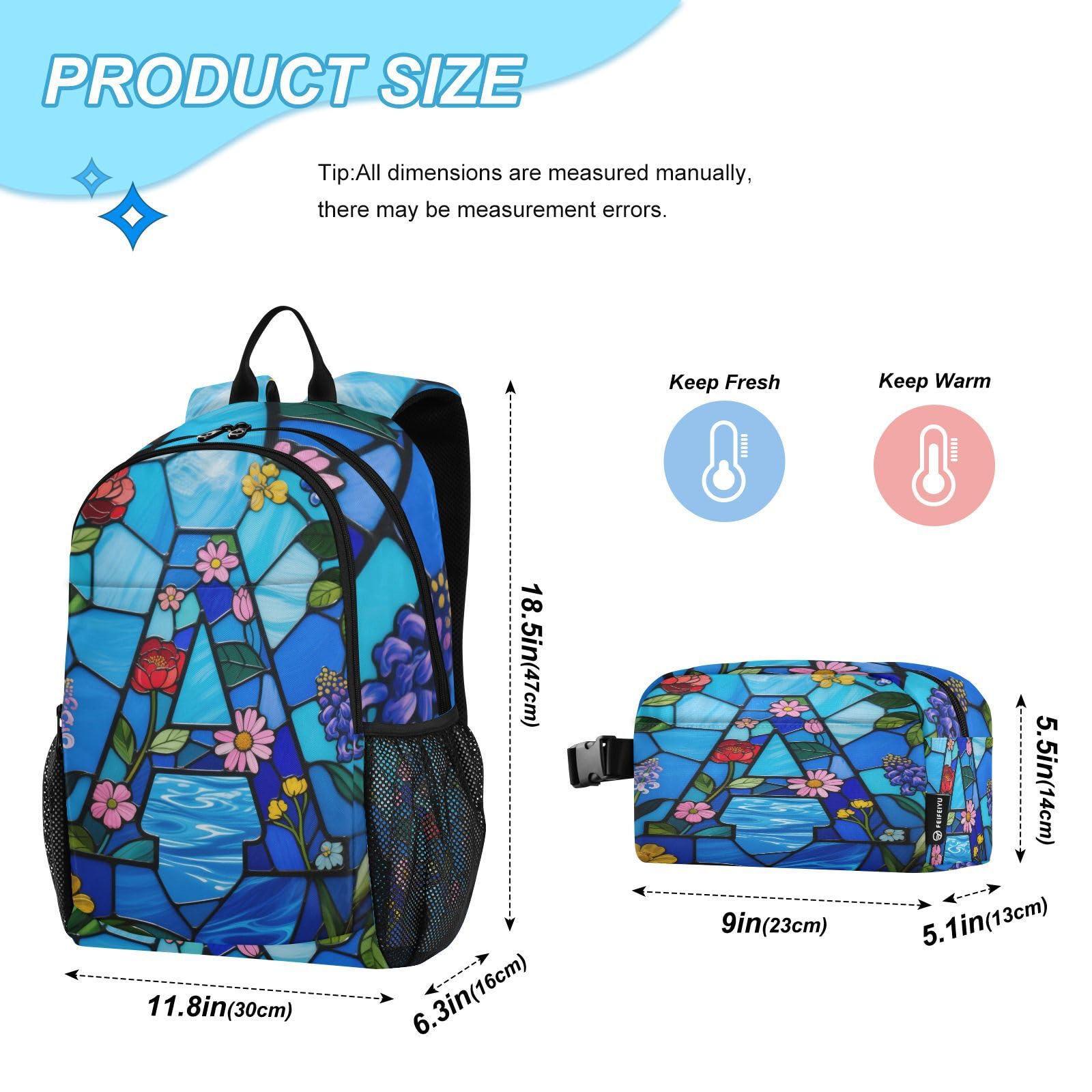 Szklany kwiat litera A chłopiec plecak z torbą na lunch plecaki szkolne dla dziewcząt z pudełkiem na lunch torba na książki z pudełkiem na lunch dla dziewczynek 9-10 lat