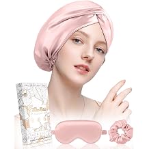 Miss Adola Silk Bonnet for Women - Mulberry Silk Sleep Cap for Hair Care with Eye Mask & Scrunchie 19 Momme Night Cap Sleeping Set with Elastic Stay On Head, Light Pk