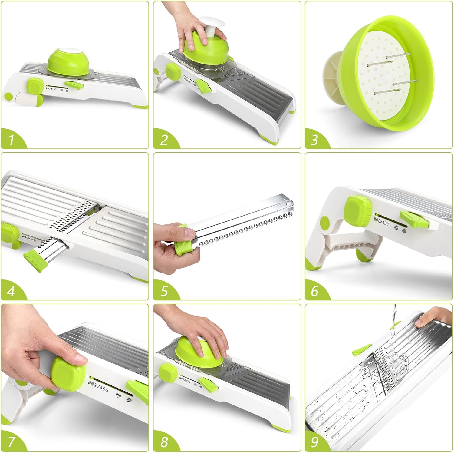 Mandoline Slicer for Kitchen, Adjustable Stainless Steel Mandoline Food Slicer, Onion Potato Cucumber Tomato Carrot Vegetable Fruit Slicer, Mandolin Veggie Cutter with Food Holder, Green
