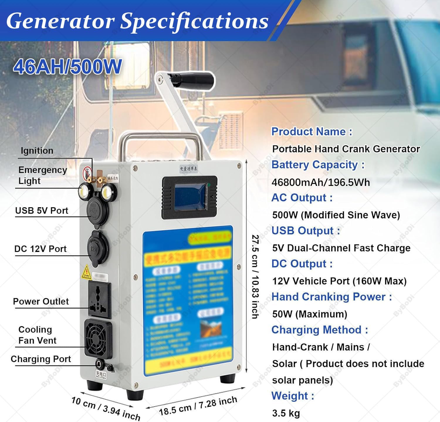 Generador portátil de manivela,generador de manivela de gran capacidad para exteriores 220V/110V 200W/500W,herramienta de iluminación de emergencia,para cortes de luz/exploración de campo 46AH/500W