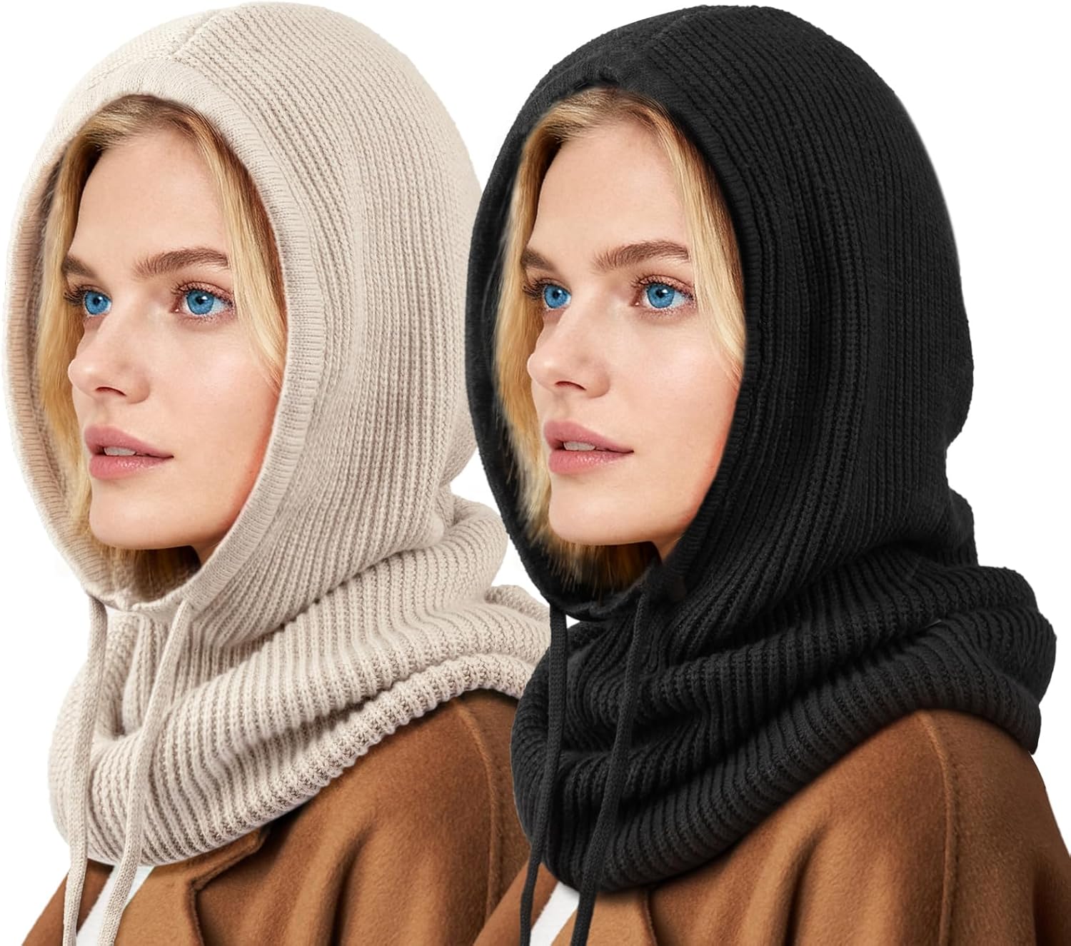 Hooded Scarf Hat Knit Balaclava Women Beanie Skull Cap with Drawstring Warm Winter Hats for Women Men Outdoor Sports