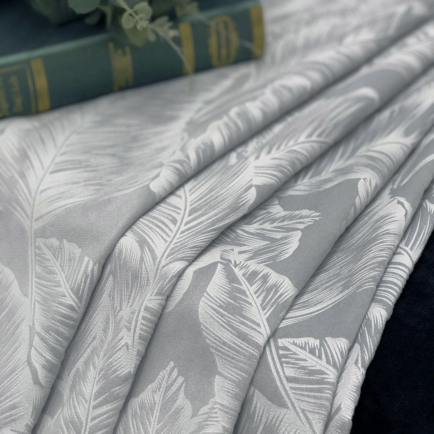 always4u Embossed Velvet Curtains Banana Leaves Floral Velour Drapes for Living Room Bedroom 2 Panels Silver 52 * 108 Inches Long Curtains