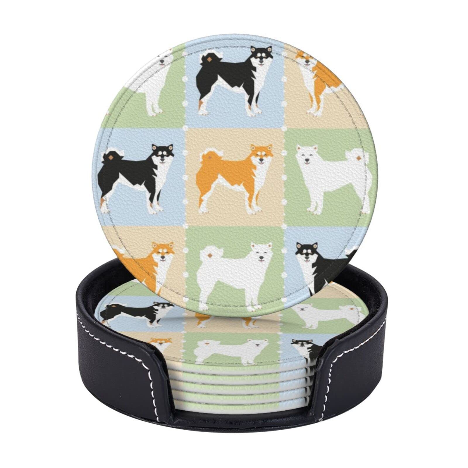 Hlbsdm White Leather Drinks Coasters Set Of 6 Shiba Inu Japanese Dogs House Warming Tea Cup Coasters With Holder