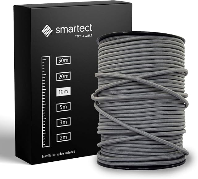 smartect Ciemnoszary Kabel Tekstylny, 10 Metrów Kabel w Oplocie Elektryczny, 3 Żyłowy (3 x 0,75 mm²) Elektryczny Kabel w Oplocie Tekstylnym do Własnych Projektów DIY