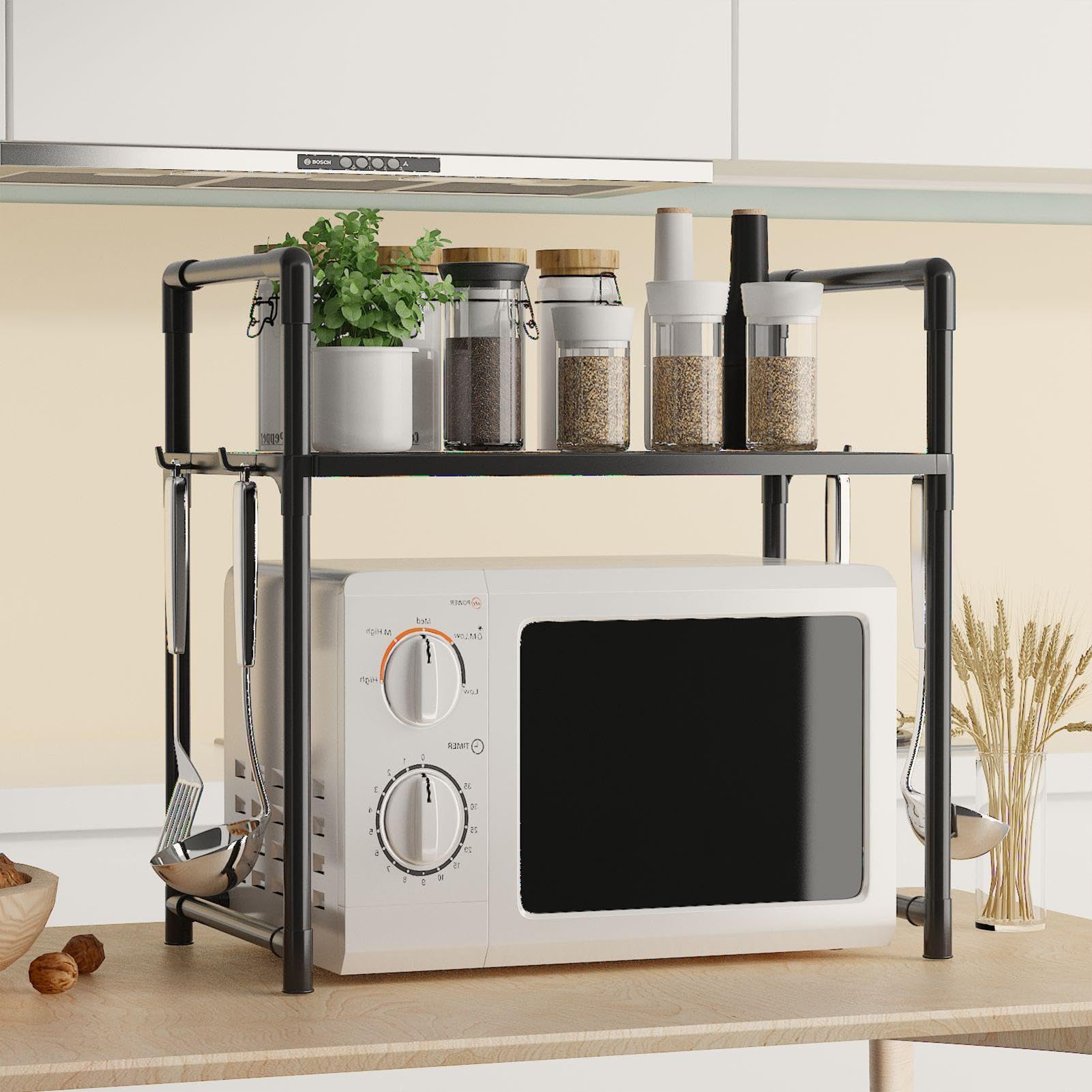 Support pour micro-ondes | Étagère à micro-ondes, organisateur de comptoir de cuisine, étagère multifonctionnelle pour micro-ondes avec crochets et rangement, étagère de cuisine peu