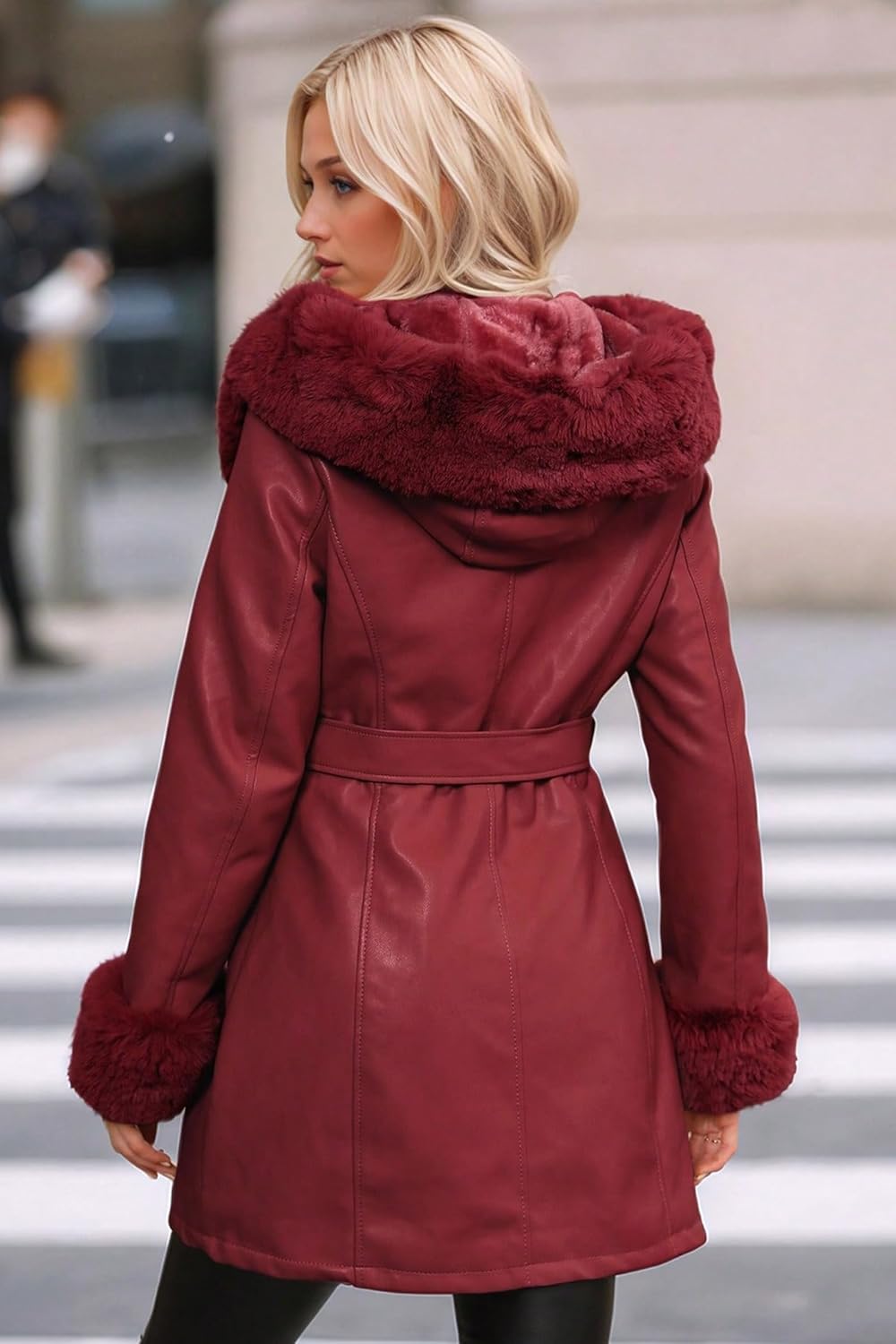 RISISSIDA Luxurious Women Winter Fur Lined Coat, Leather Jacket with Hooded Long Fur Collar, Thick Warm Heavy Overcoat Belted - Image 2