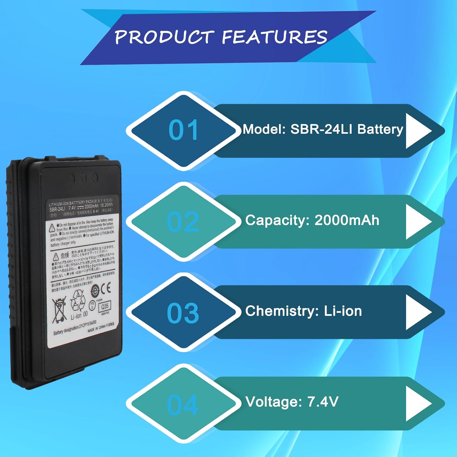 2PCS SBR-24Li SBR24Li Li-ion Battery Pack 7.4V 2000mAh Replacement for Yaesu Radio FT-70 FT-70D FT-70DR FT-70DS FT70 FT70D FT70DR