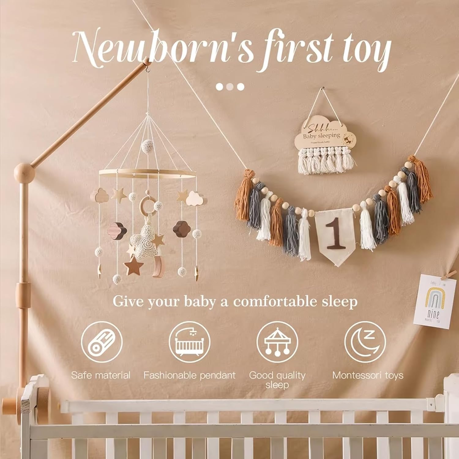 Wooden Bed Bell Crib Mobile with Music Box – Soft Felt Cartoon Bear Hanging Rattle Toy for Nursery Decor, Handcrafted Montessori-Inspired Crib Mobile (Beige)