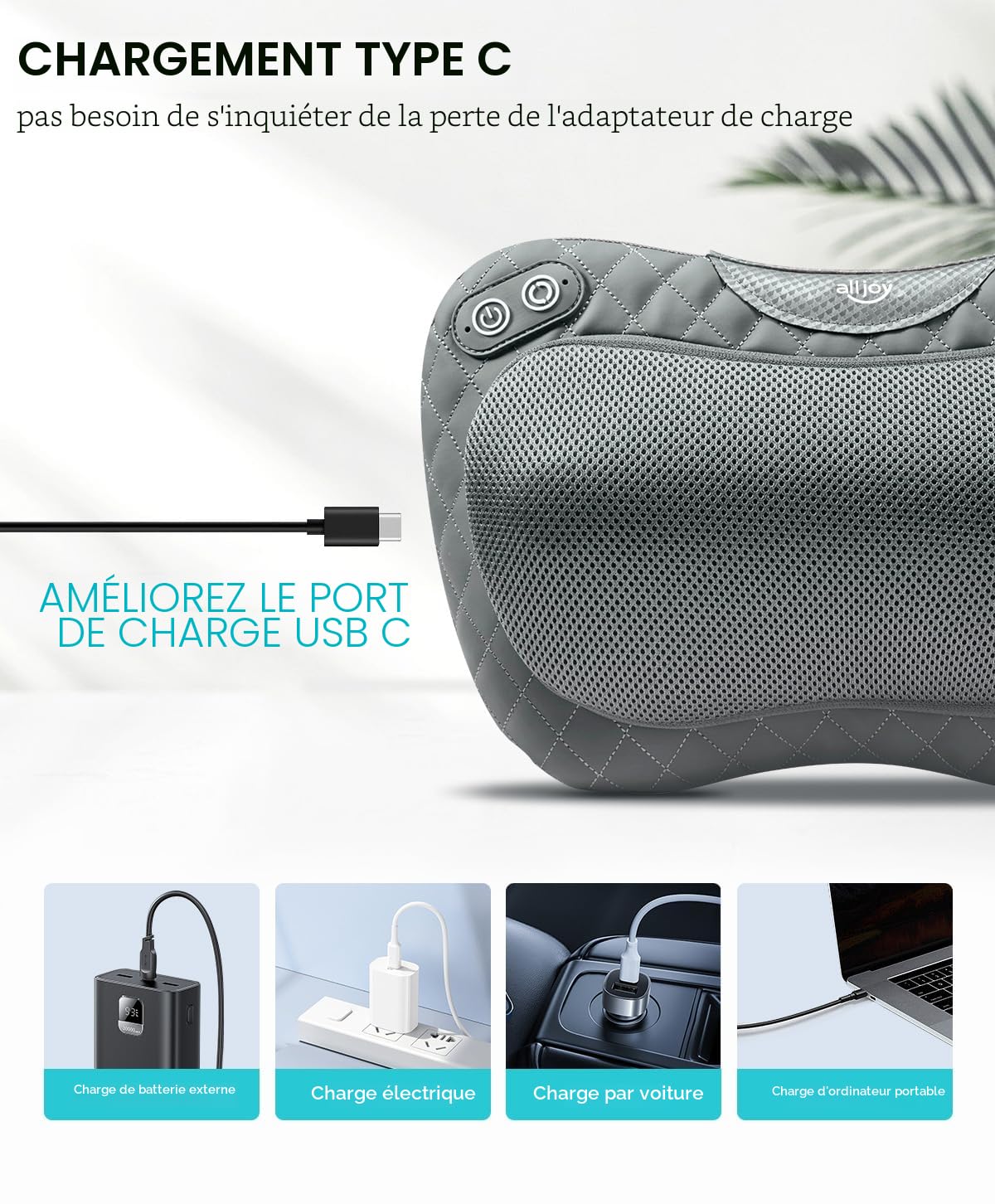 ALLJOY Coussin de Massage Sans Fil, Masseur Dos Chauffrant avec 4 Nœuds et 3 Vitesses Réglable, Appareil de Massage Shiatsu Nuque Cou Cervical, Cadeau pour Femme Homme pour Maison Bureau Voiture
