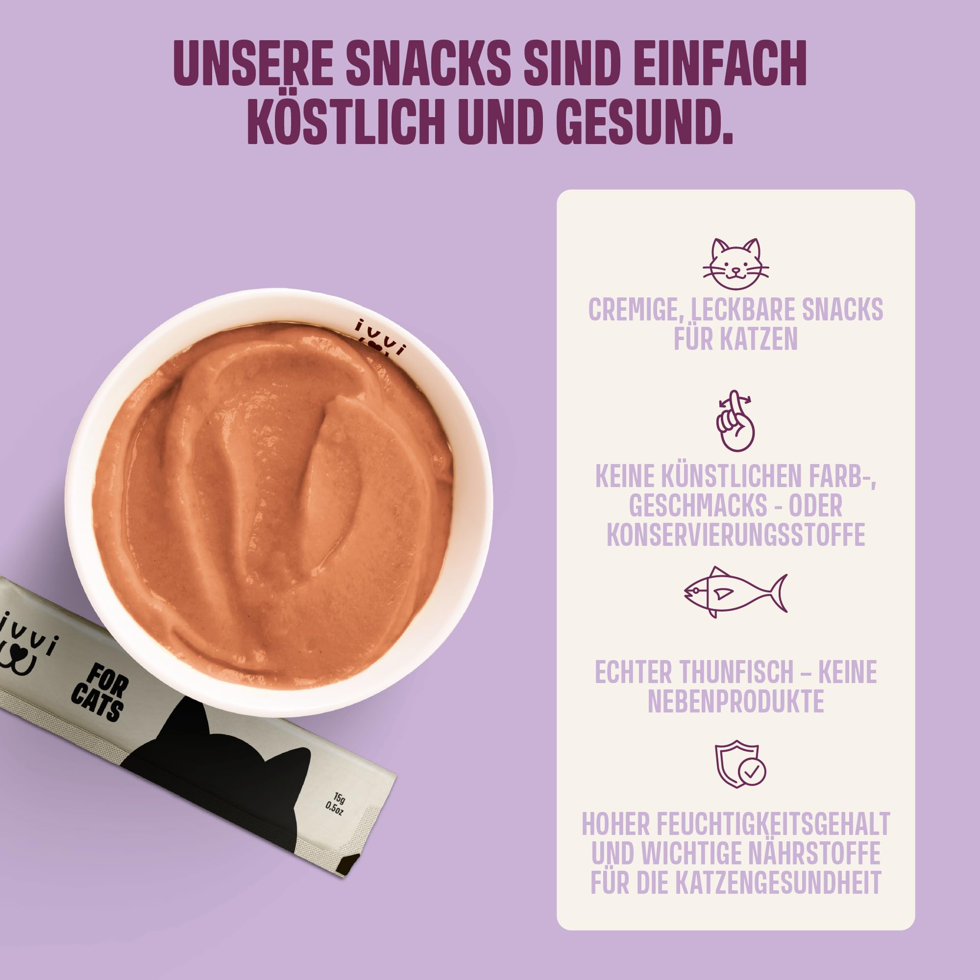 ivvi Ruhe Essenz für Katzen – Anti-Stress Schleck-Snacks mit Kamille, L-Tryptophan & Magnesium – Unterstützt Entspannung & Wohlbefinden – mit echtem Thunfisch – 30 Sticks x 15 g (450 g)