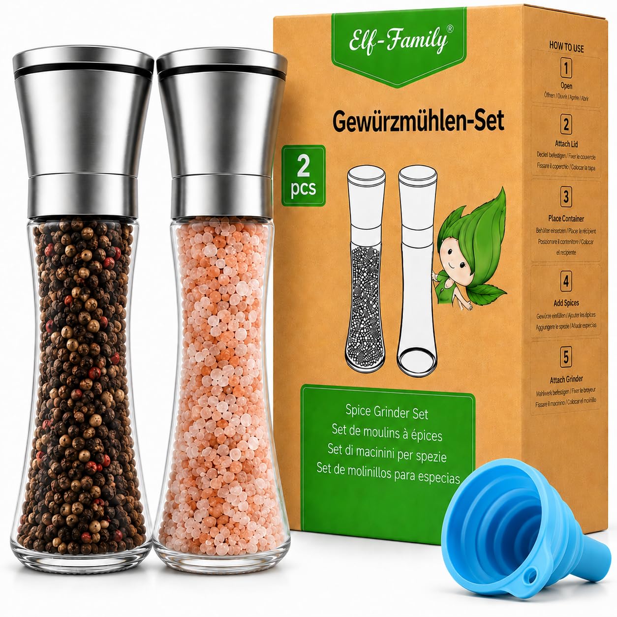 Elf-Family Salt and Pepper Mill, Set of 2, Pepper Mill and Salt Mill with Ceramic Grinder, Continuously Adjustable, Large Capacity, Manual Spice Mill for Salt, Pepper and Spices, 19.2 cm