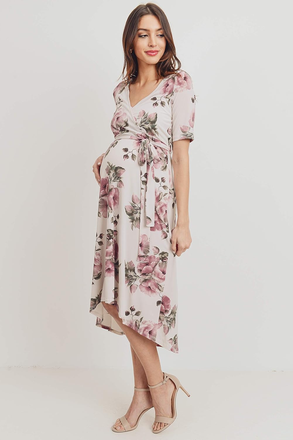 Women's Maternity Wrap Dress Midi Length with Waist Belt (Cream/Mauve Flower, XL)