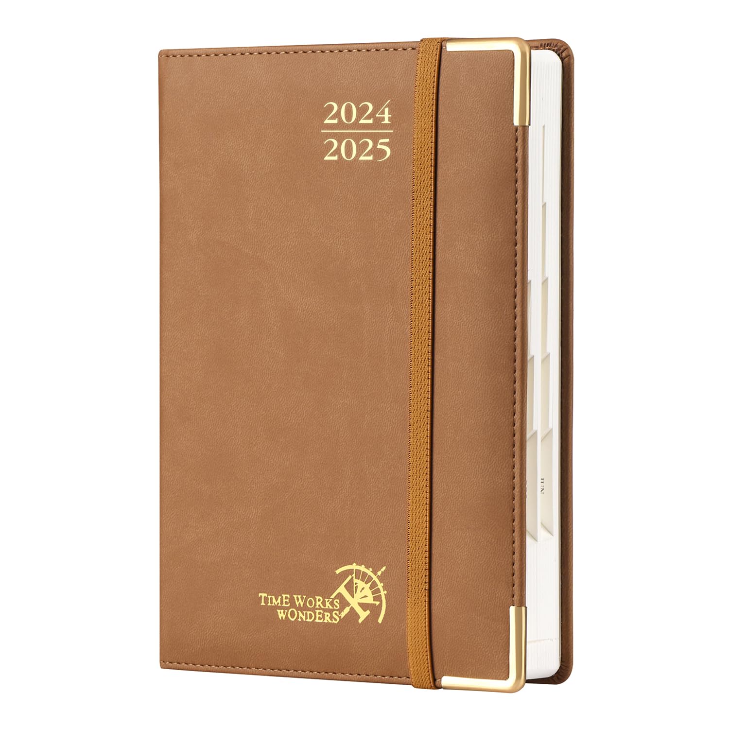 POPRUN Agenda 2024 2025 Día Por Página 21,5 x 14,5 cm, Planner Diaria con Tapa Dura (12 Meses de Ago.2024 - Jul.2025), Banda elástica, Papel Certificado FSC® 80 GSM, Marrón