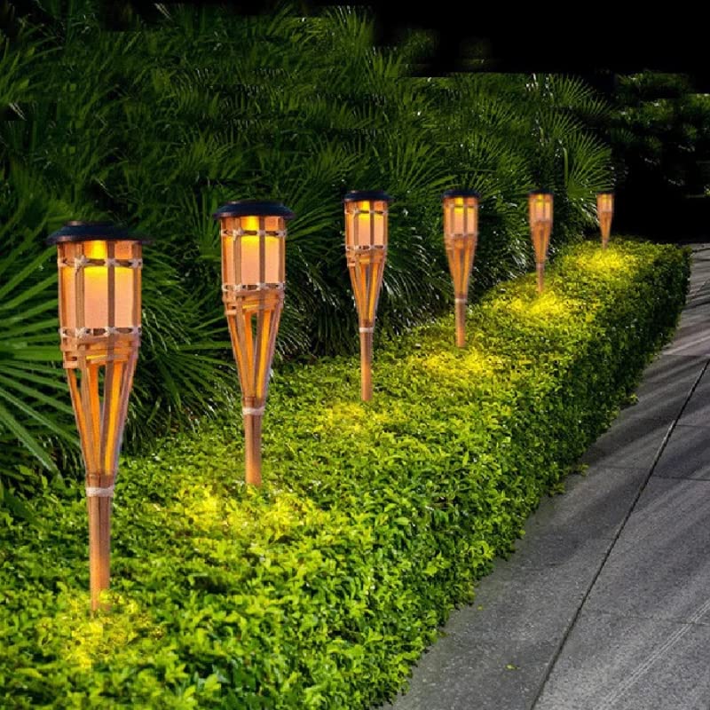 4 stuks solarlampen voor buiten, lampen op zonne-energie, handgemaakt bamboefineer, solarfakkels met flikkerende vlam, buitendecoratie voor tuin en binnenplaats, tuinfakkels op zonne-energie voor