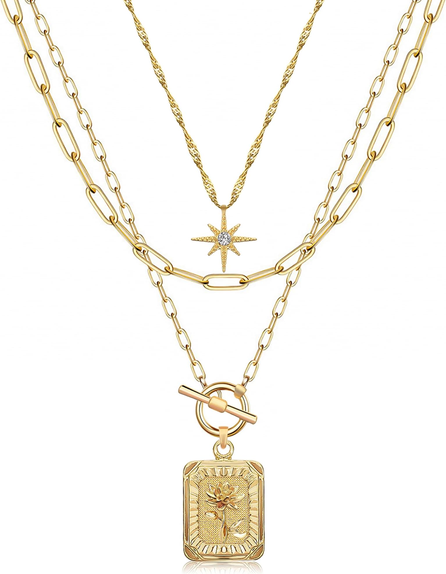 MJartoria Layered Necklaces for Women Trendy, 14K Gold Plated Brass Simple Star Choker Square Birth Flower Necklace, Paperclip Chain Necklaces Jewelry Gifts