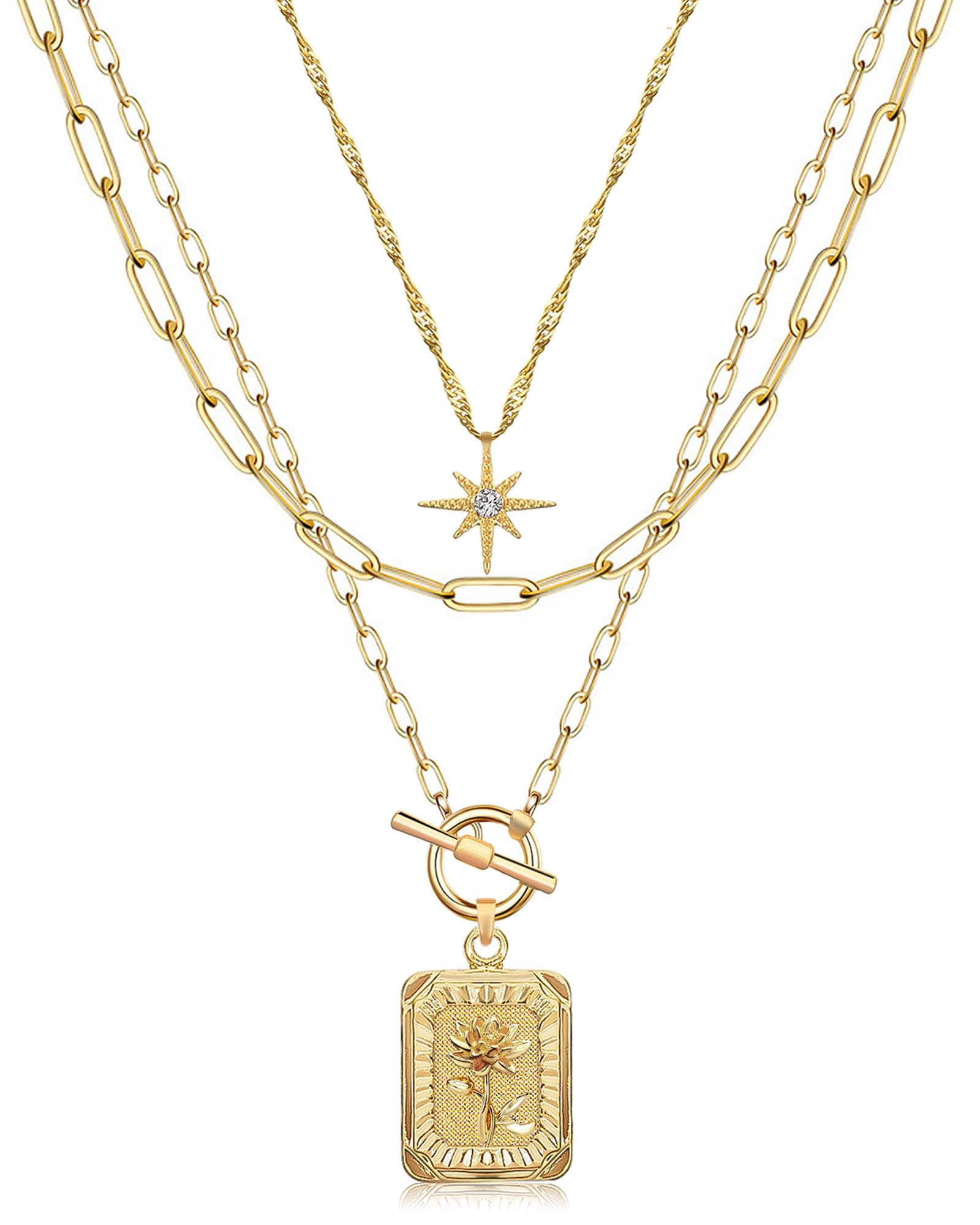 MJartoria Layered Necklaces for Women Trendy, 14K Gold Plated Brass Simple Star Choker Square Flower Pendant Necklace, Paperclip Chain Necklaces Jewelry Gifts