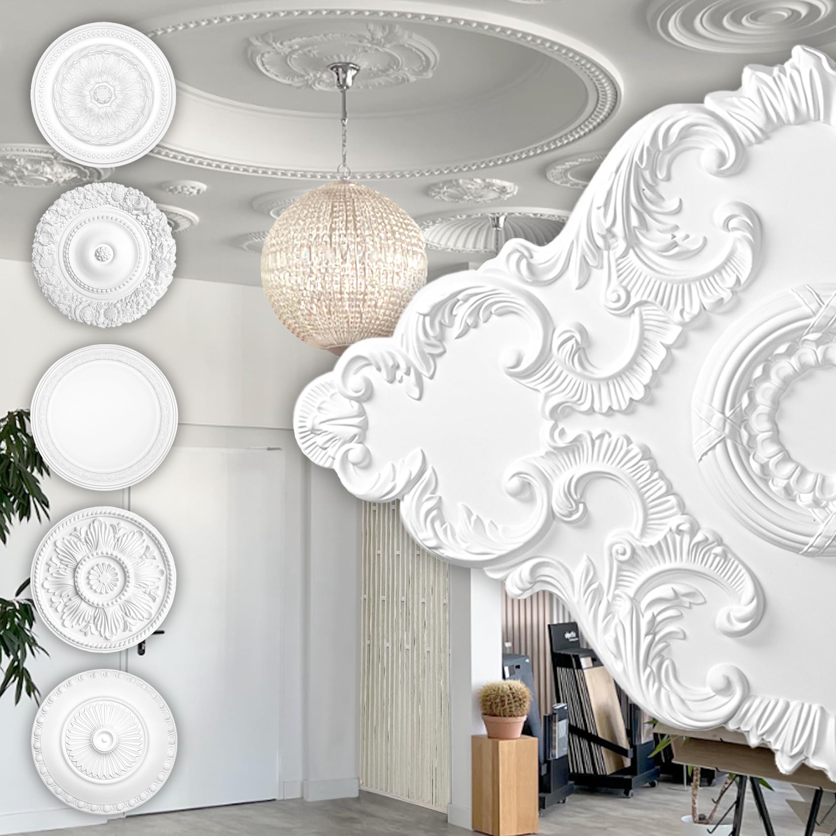 HEXIM Perfect stucco rosone - grande selezione di rosoni da soffitto in schiuma rigida PU, robusto, elemento decorativo (B2023-940 x 660 mm) Bordo per lampadario medaglione decorazione interna