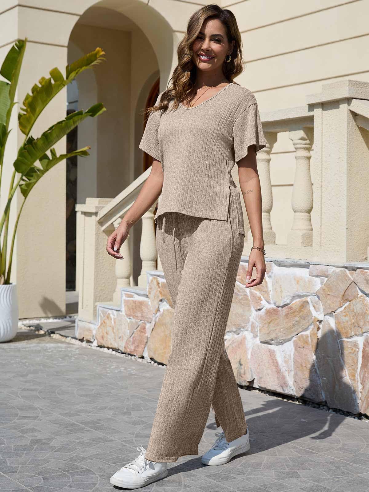 CheChury Conjunto Punto Mujer 2 Piezas Casual Manga Corto Chándal Loungewear Pantalones y Suéteres