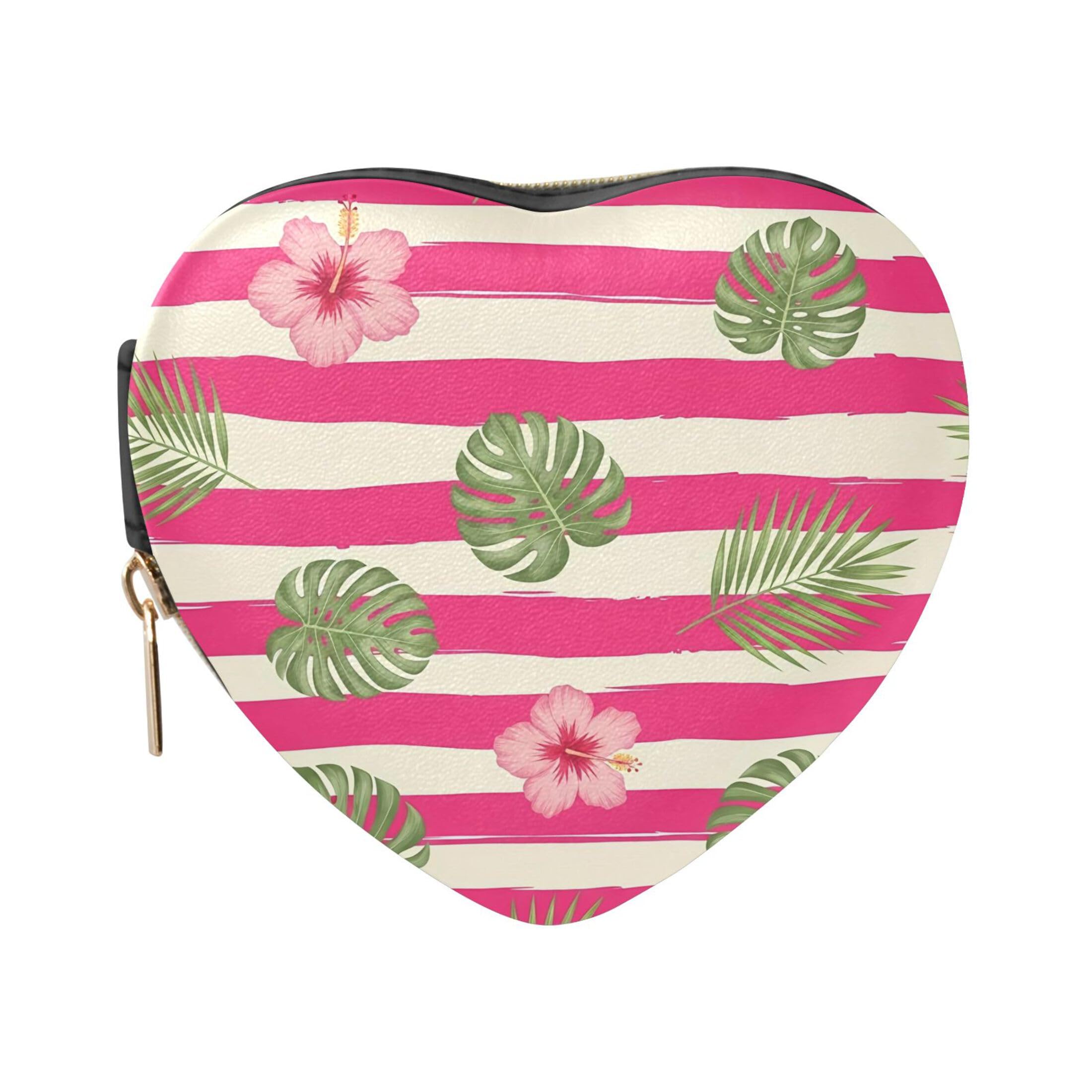 Fuauuyl Hibiscus Monstera Leaves Small Jewelry Box Heart-Shaped Jewelry Case, Portable Travel Organizer Bridesmaid Proposal Gift for Women Girls