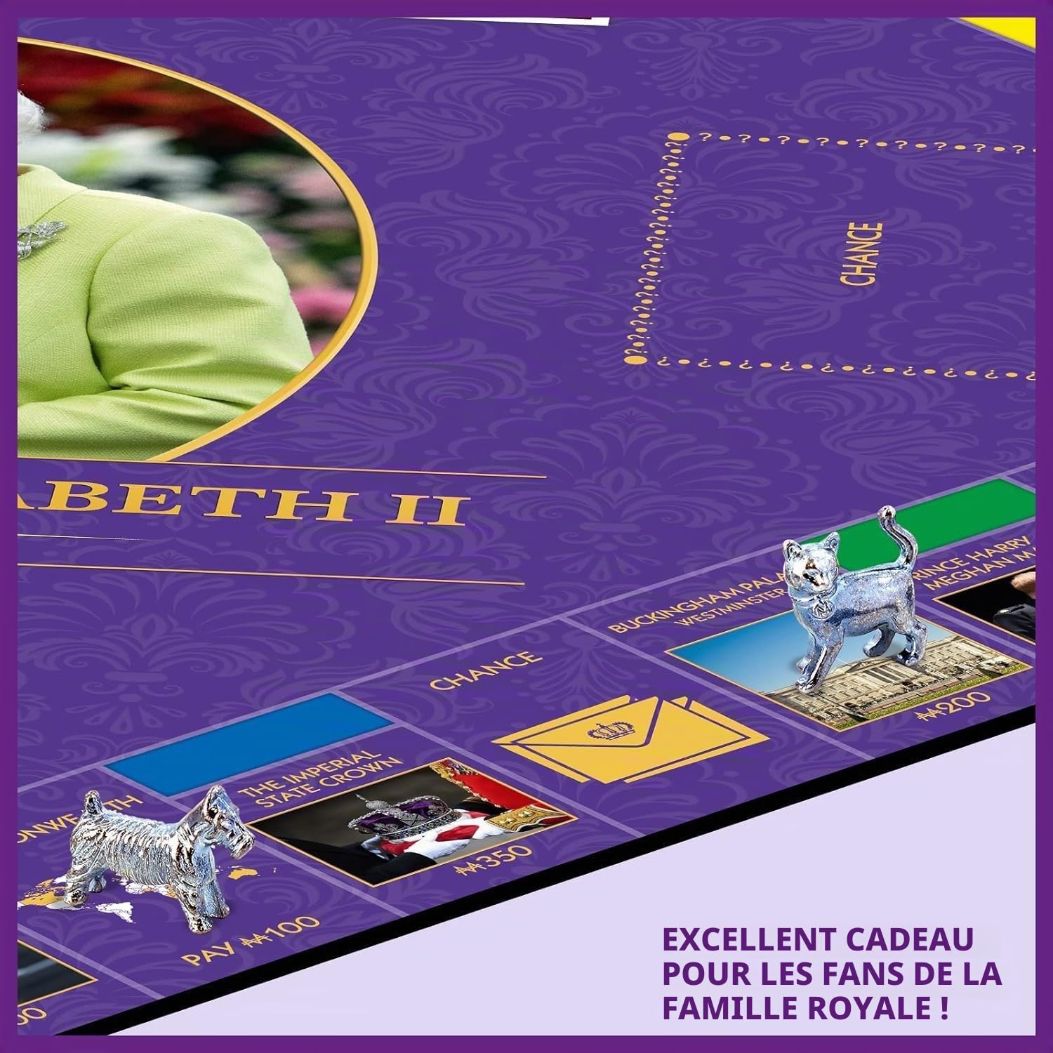 HM Queen Elizabeth II Monopoly Jeu de société, tournez les moments clés de la vie de Sa Majesté, collectionnez la résidence royale, les chevaux, les corgis et les mariages, le jeu de propriété rapide