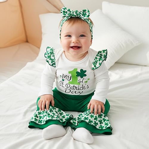 Miniatura 2 de My First St Patricks Day - Traje de bebé niña recién nacida, trébol de la suerte, mameluco con pantalones acampanados, diadema para primavera