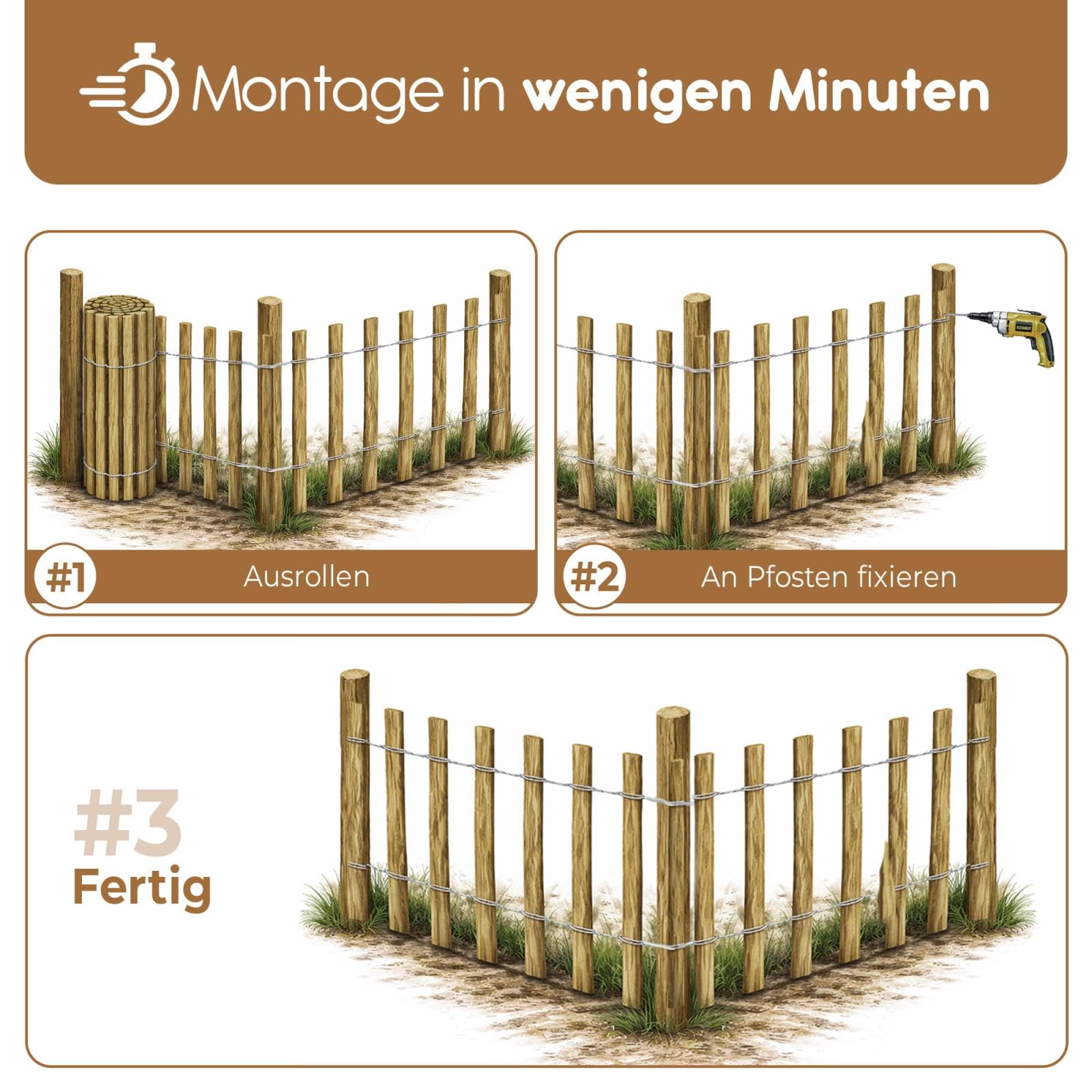 BOOGARDI Gartenzaun Holz in 12 Größen · Staketenzaun 100 cm hoch aus Haselnuss · Holzzaun, Teichzaun, Zaun, Rollzaun, Garten, Sichtschutz, Jägerzaun · 100cm x 5m (Lattenabstand 3-5cm)