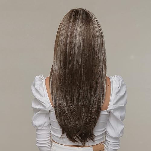 Miniatura 5 de EMMOR Pelucas marrones para mujer, pelucas largas en capas con flequillo de cortina, pelucas de fibra sintética resistentes al calor (marrón con