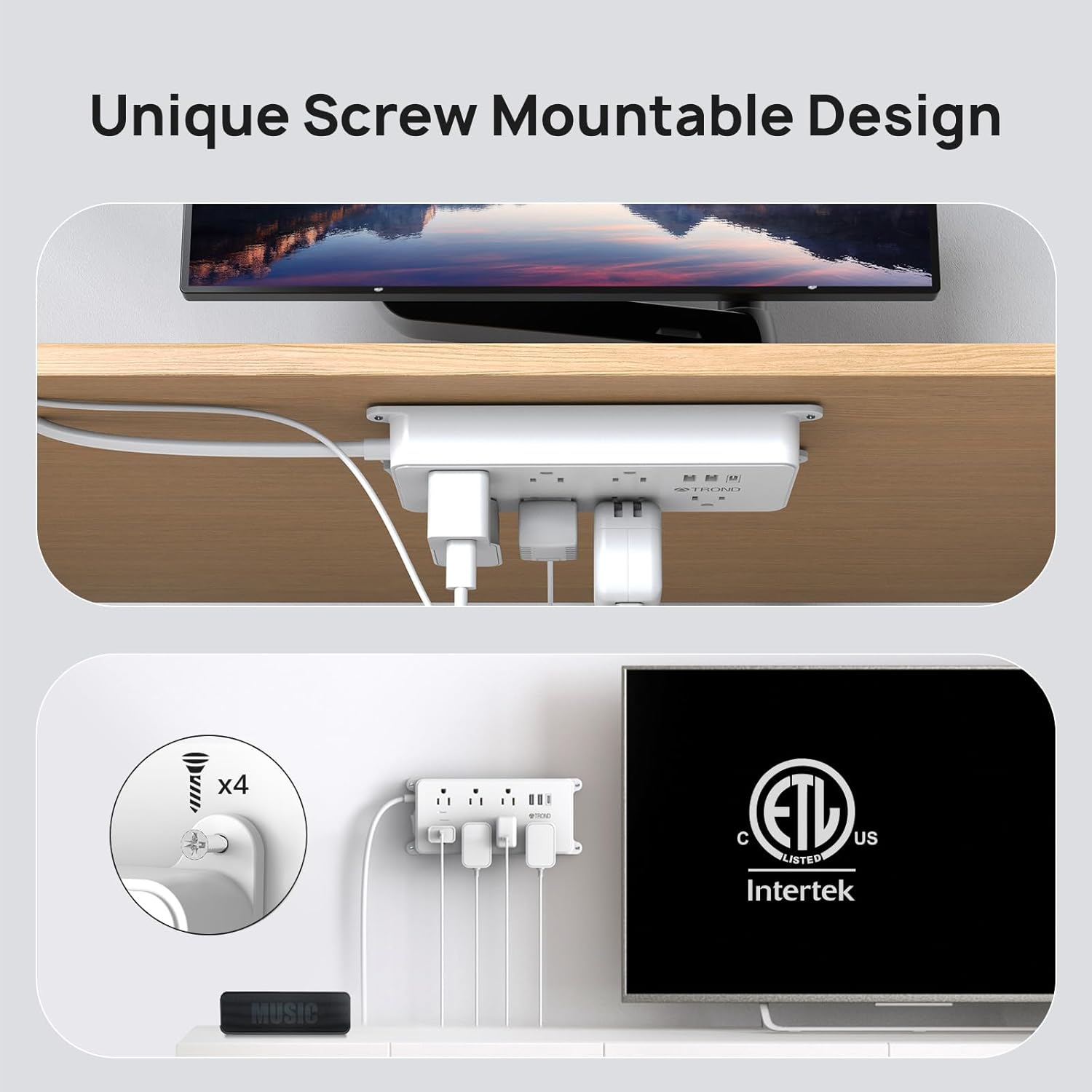 Image demonstrating how to wall mount the TROND power strip using screws through its mounting tabs.