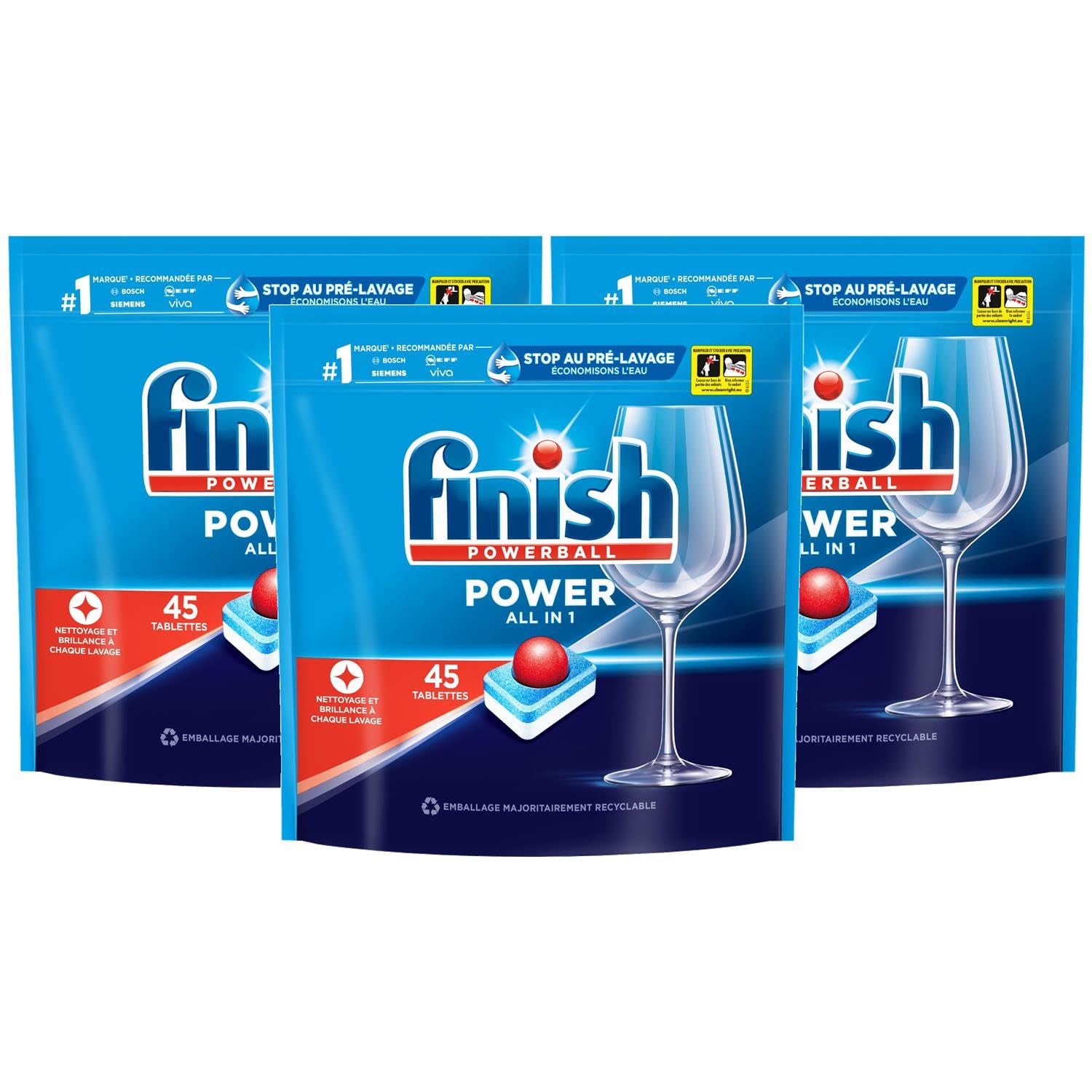 Finish Powerball Todo en 1 Doypack lavavajillas 45 Pastilles – – Juego de 3