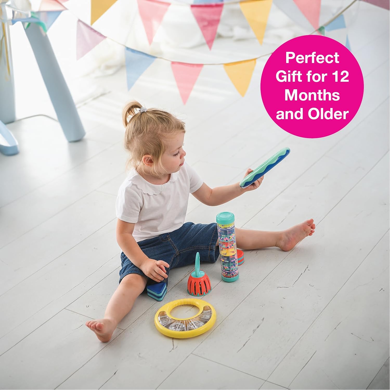 Edushape Classic Tambourine for Kids, Yellow - Percussion Musical Instrument Baby Tambourine for Toddlers 1-3, Kids Tambourine Fun Tummy Time, Fine Motor, Auditory and Visual Sensory Development