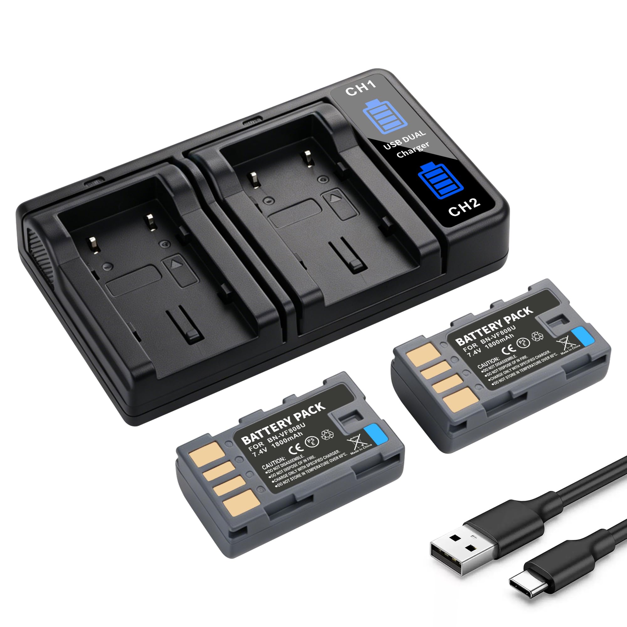 2-Pack BN-VF808 BNVF808 Battery with Dual Charger for JVC GZ-HD HD3 HD5