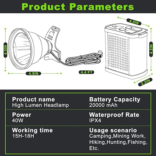 Miniatura 7 de Linterna frontal LED recargable de 40 W de alto lúmenes, 20000 mAh, ultra brillante, impermeable, con carcasa de aleación de aluminio y luz lateral,