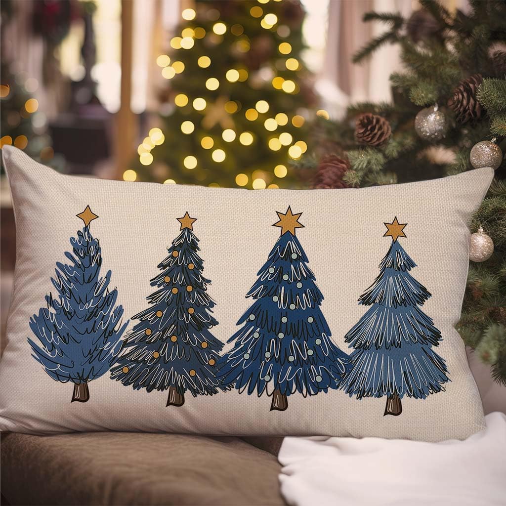 Blue Christmas Throw Pillow Cover 12x20 Christmas Tree Decorations image 3