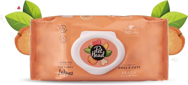 Pet Head Quick Fix Toallitas para patas y cuerpo para gatos y perros | paquete de 80 | Aroma a Melocotón con Aloe Vera | Toallitas de limpieza biodegradables para la higiene de mascotas | pH neutro | Vegano | Para un refresco fácil y rápido