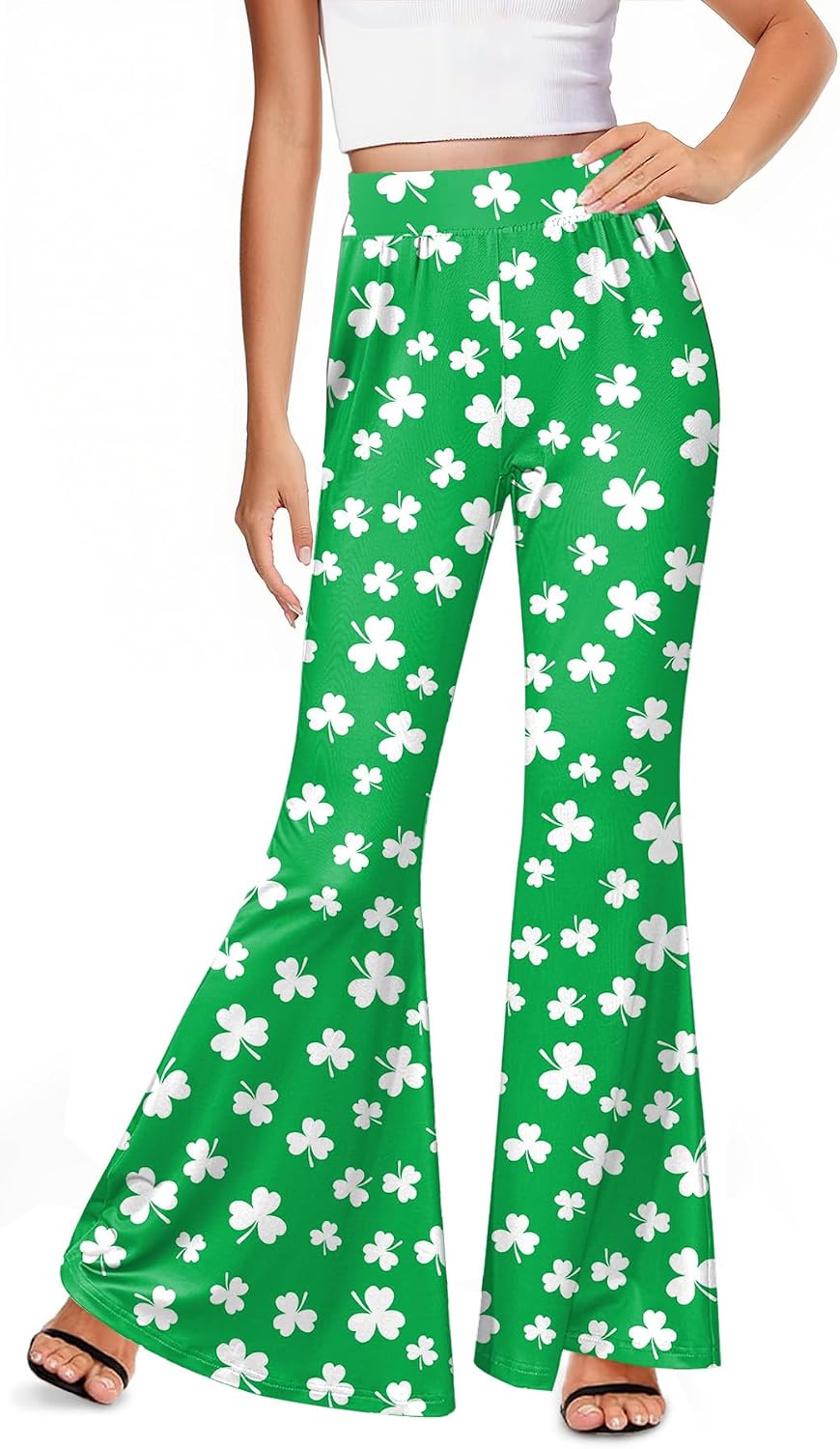 For G and PL Women's St. Patrick's Day Flared Pants Irish Shamrock Clover Printed High Waisted Casual Trousers S-XXL