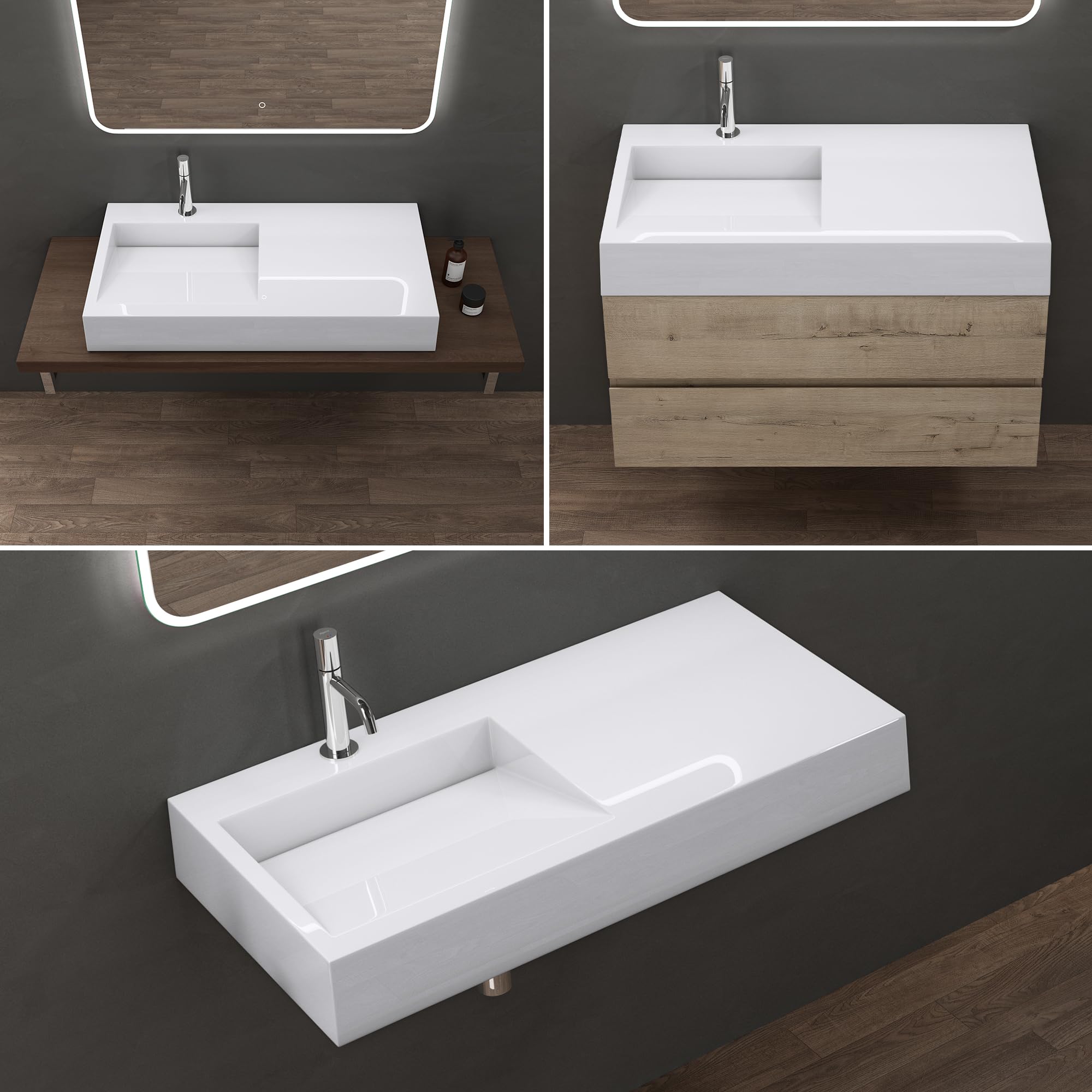 doporro Lavabo Suspendido de Mármol Fundido Blanco 100x50x15 cm – Lavabo de Baño sobre Encimera, Rectangular, Colossum11