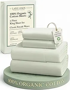 LANE LINEN 100% Organic Cotton King Bed Sheet Set, Bedsheets 4Pc Soft Cooling Fully Elasticized Mercerised All Season Sustainably Produced Cotton Sheets King Size, Oeko Tex Sheets - Mineral