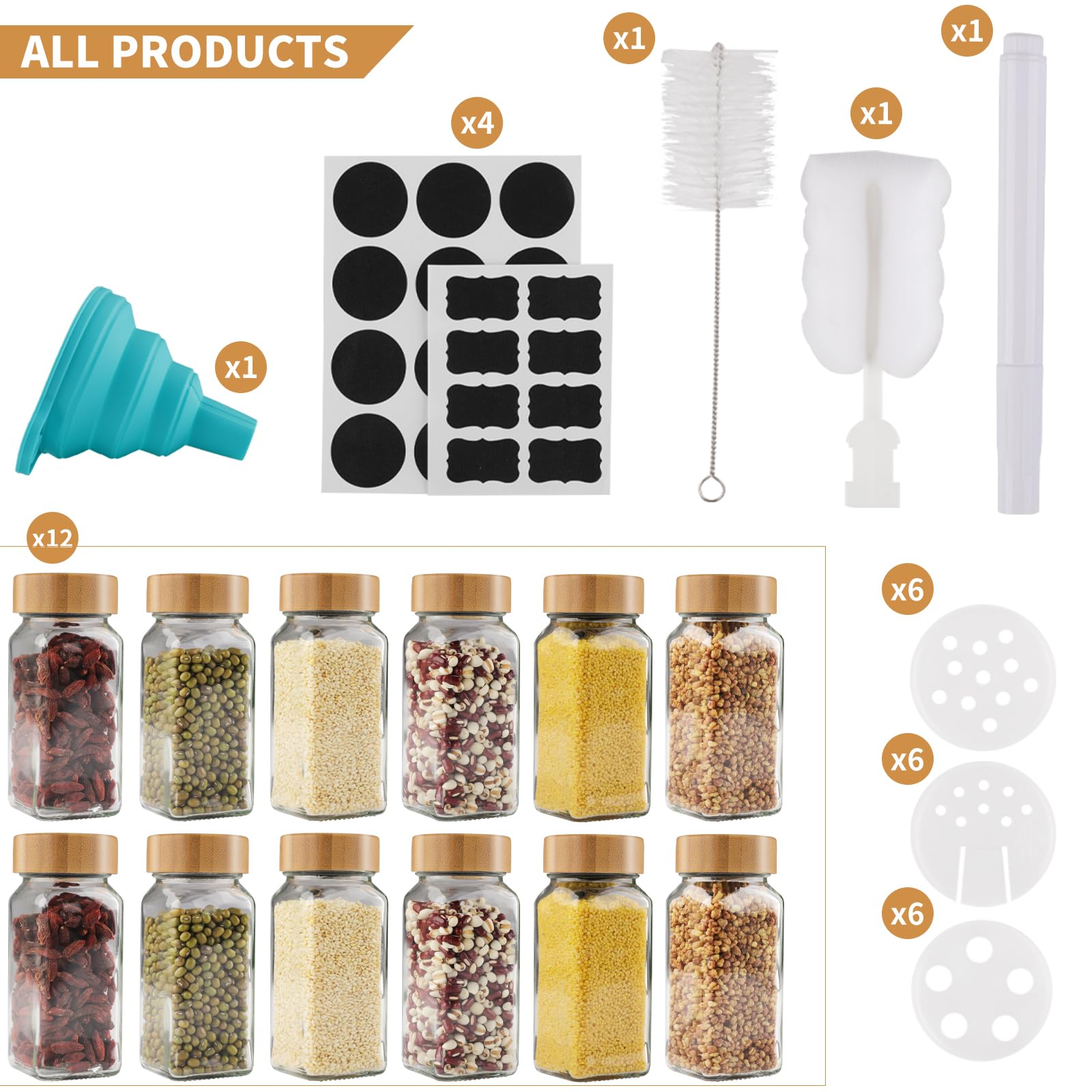 Pot à Épices en Verre et Bois, 12 Pièces Bocaux à Épices 120ml Boite à Épices Verre pour Cuisine Rangement avec Étiquettes Epices Tamis Entonnoir Brosse