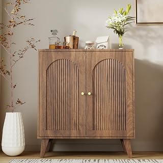 Storage Cabinet, Modern Bathroom Storage Cabinet with Arched Doors & Adjustable Shelves, Accent Cabinet, Sideboard Buffet Cabinet for Kitchen, Living Room, Hallway (Walnut)