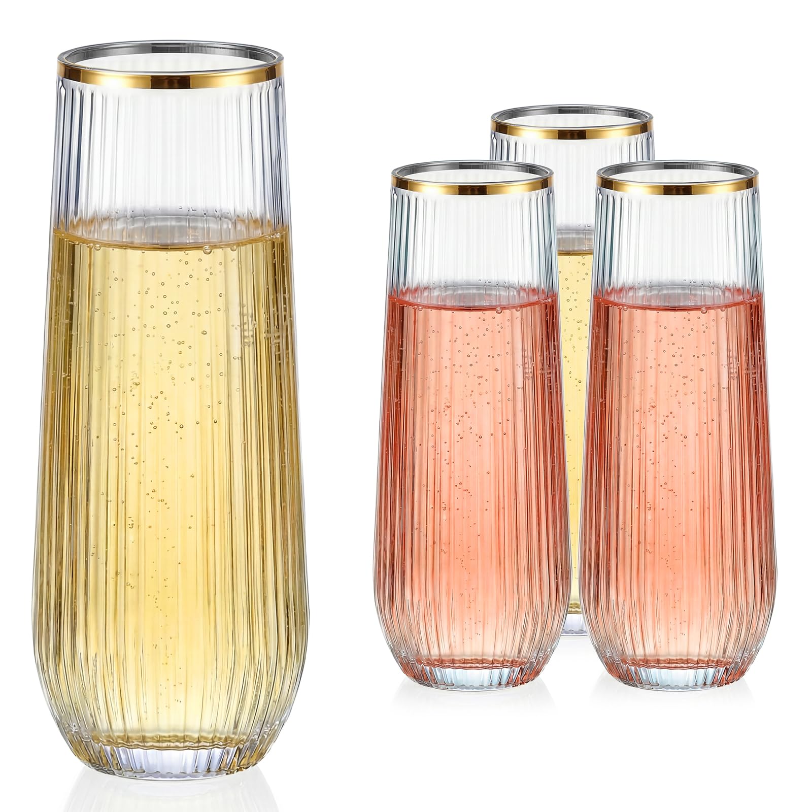 GuanQiao 12 Pack 9oz Stemless Plastic Champagne Flutes with Gold Rim