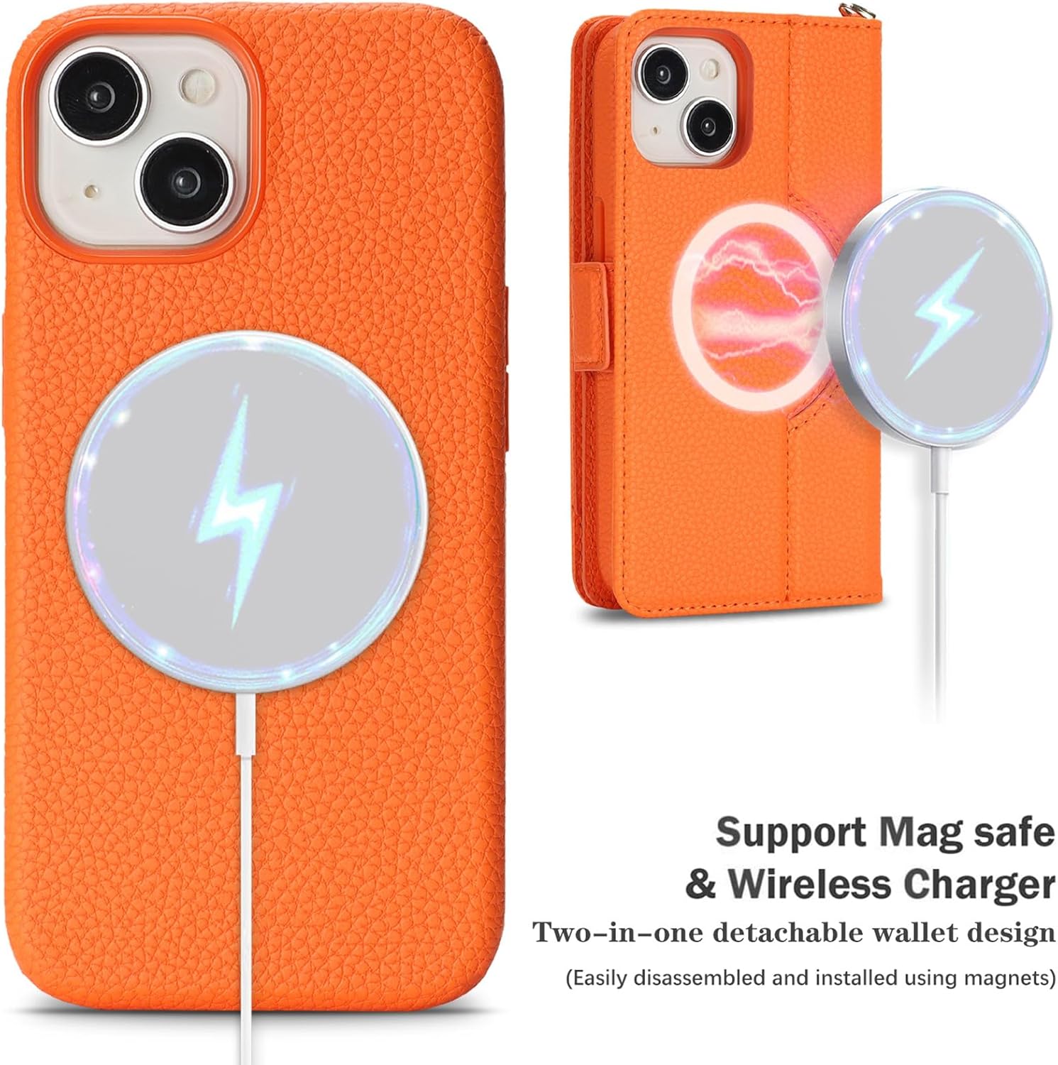 Jaorty for iPhone 15 Detachable Wallet Case, [Compatible with MagSafe] [Card Holder] [Zipper Pocket],2-in-1 PU Leather Flip Purse Kickstand Wrist Strap Magnetic Cover Men Women,Lichi Orange