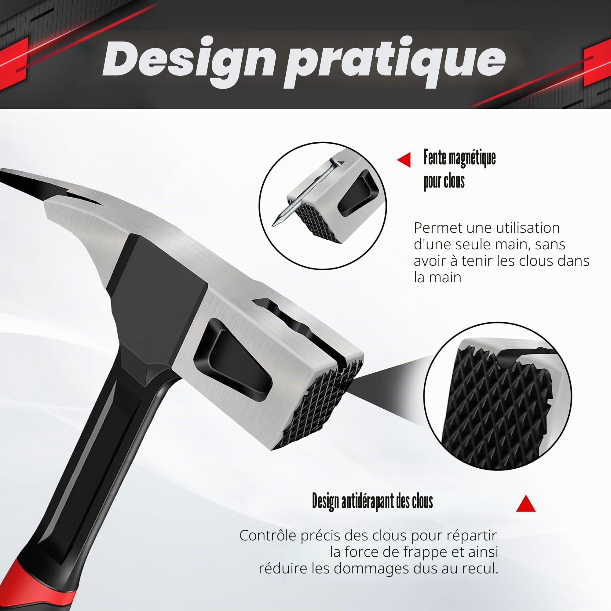 C&T Marteau de charpentier de 600 g, marteau de serrurier, marteau forgé, poignée ergonomique en fibre de verre, construction monobloc, support magnétique à clous