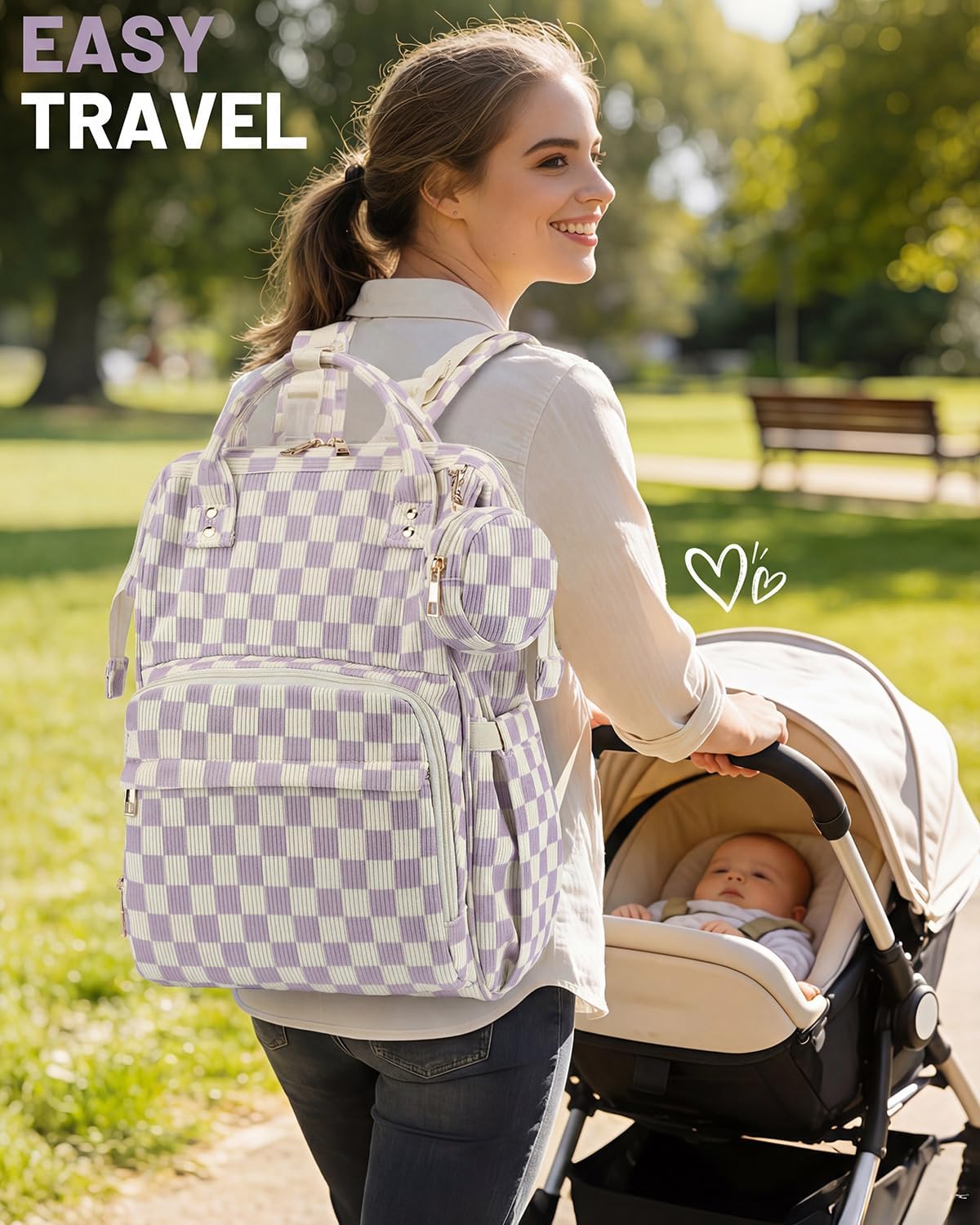 Corduroy Diaper Bag Backpack, Large Capacity Multifunction Baby Diaper Bags for Women, Insulated Bottle Pockets & Pacifier Case, Stylish Travel Nappy Changing Bags for Mom Dad (Checkered Purple)